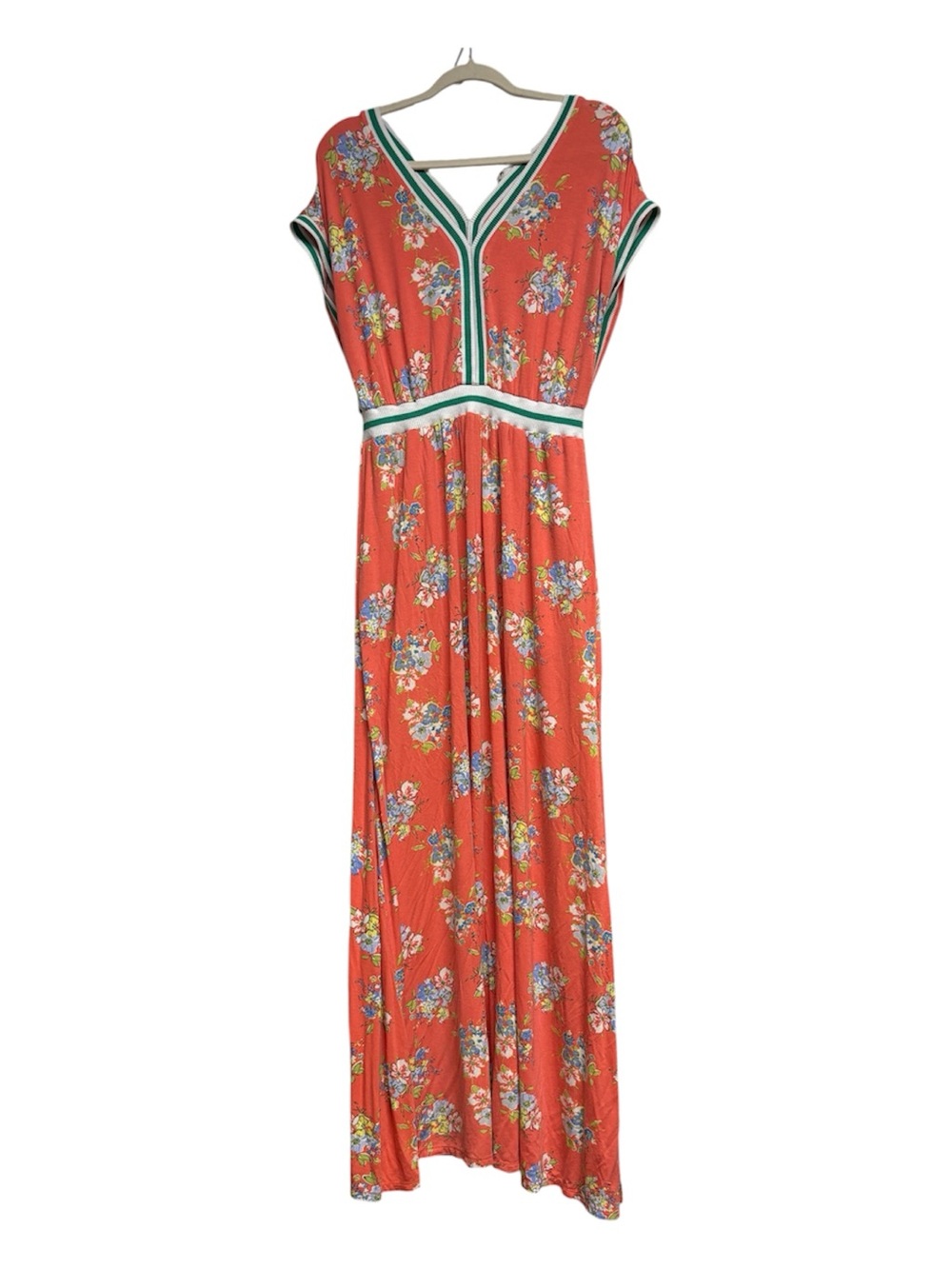 Matilda Jane Floral V-Neck Maxi Dress in Coral with Green Trim